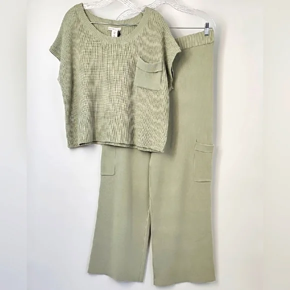 Sincerely Jules Sage Knit Set Wide Leg Pant wCargo Pockets Ribbed Sleeveless Top - Picture 1 of 12